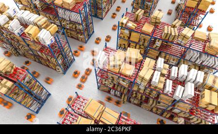 3d rendered image of a modern automated warehouse with drones in motion. Stock Photo