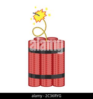 Bomb Icon on White Background. Detonate Dynamite Concept. TNT Red Stick. Design Element for Flyer and Poster. Explode Flash, Burn Explosion. Stock Photo