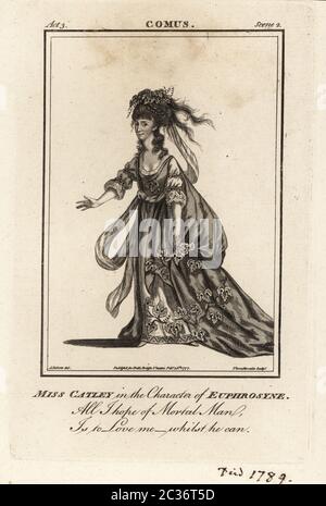 Miss Ann Catley in the character of Euphrosyne in John Milton’s Comus, Covent Garden Theatre, 1772. Ann Catley, or Ann Lascelles, was an English singer and actress 1745–1789. Copperplate engraving by J. Thornthwaite after an illustration by James Roberts from Bell’s British Theatre, Consisting of the most esteemed English Plays, John Bell, London, 1781. Stock Photo