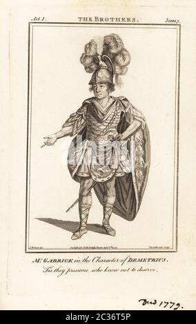 Mr David Garrick in the character of Demetrius in Edward Young’s The Brothers, Drury Lane Theatre, 1753. Garrick was an English actor, playwright, theatre manager and producer, 1717-1779. Copperplate engraving by J. Thornthwaite after an illustration by James Roberts from Bell’s British Theatre, Consisting of the most esteemed English Plays, John Bell, London, 1777. Stock Photo