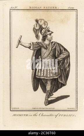 Mr. William Smith in the character of Publius in William Whitehead’s Roman Father, Covent Garden Theatre, 1767. Smith was an English actor and theatre manager, 1730-1819. Copperplate engraving by J. Thornthwaite after an illustration by James Roberts from Bell’s British Theatre, Consisting of the most esteemed English Plays, John Bell, London, 1778. Stock Photo