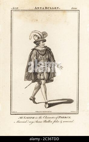 Mr. William Smith in the character of Piercy in John Banks’ Ann Bullen, Covent Garden Theatre, 1758. Smith was an English actor and theatre manager, 1730-1819. Copperplate engraving by J. Thornthwaite after an illustration by James Roberts from Bell’s British Theatre, Consisting of the most esteemed English Plays, John Bell, London, 1776. Stock Photo