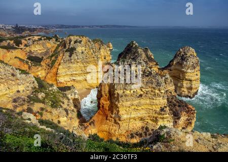 Rock cliffs and waves in Portugal Stock Photo