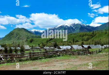 Hemu Village, a small village inside the beautiful Altay mountain range in Xinjiang China. Stock Photo