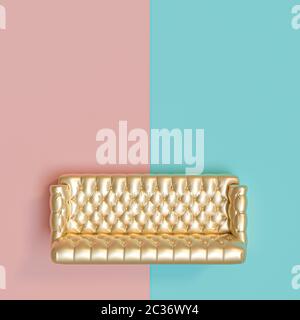 view from the other of a gold-colored tufted sofa on a blue and pink background. 3d image in flat lay render style. Stock Photo