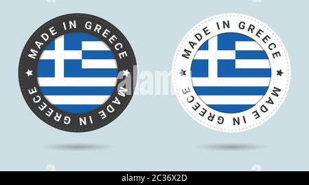 Set of two Grecian stickers. Made in Greece. Simple icons with flags. Stock Vector