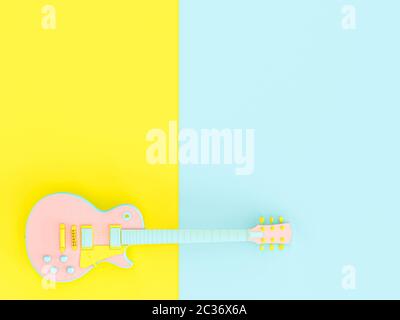 blue, pink and yellow electric guitar on two-tone background, 3d image render in style flat lay.