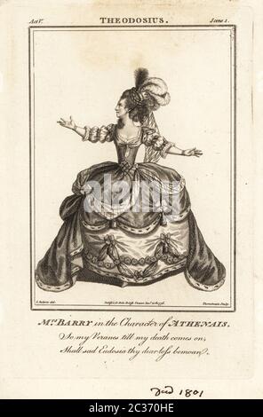 Mrs Ann Barry in the character of Athenais in Nathaniel Lee’s Theodosius, King’s Theatre, 1766. Ann Street, 1734-1801, was a leading actress of the 18th century appearing as Mrs Dancer, Mrs. Barry and Mrs. Crawford. Copperplate engraving by J. Thornthwaite after an illustration by James Roberts from Bell’s British Theatre, Consisting of the most esteemed English Plays, John Bell, London, 1776. Stock Photo