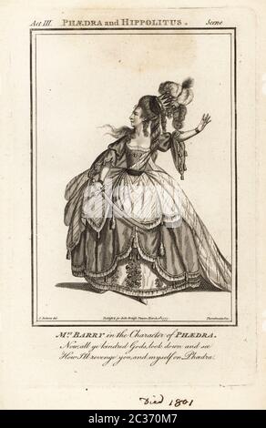 Mrs Ann Barry in the character of Phaedra in Edmund Smith ’s Phaedra and Hippolitus, Drury Lane Theatre, 1774. Ann Street, 1734-1801, was a leading actress of the 18th century appearing as Mrs Dancer, Mrs. Barry and Mrs. Crawford. Copperplate engraving by J. Thornthwaite after an illustration by James Roberts from Bell’s British Theatre, Consisting of the most esteemed English Plays, John Bell, London, 1777. Stock Photo