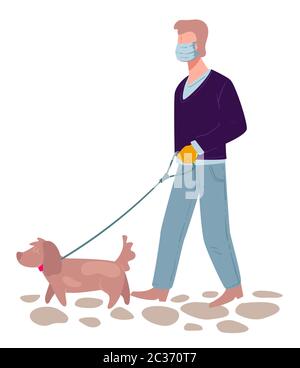 Man wearing mask walking dog on leash, coronavirus quarantine Stock Vector