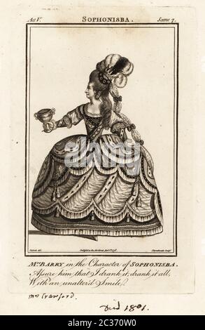 Mrs Ann Barry in the character of Sophonisba in James Thomson’s Sophonisba. However, she did not play the role in London. Ann Street, 1734-1801, was a leading actress of the 18th century appearing as Mrs Dancer, Mrs. Barry and Mrs. Crawford. Copperplate engraving by J. Thornthwaite after an illustration by James Roberts from Bell’s British Theatre, Consisting of the most esteemed English Plays, John Bell, London, 1778. Stock Photo