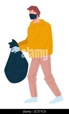 Man throwing trash, male wearing gloves and mask Stock Vector
