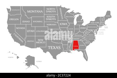 Alabama red highlighted in map of the United States of America Stock Photo