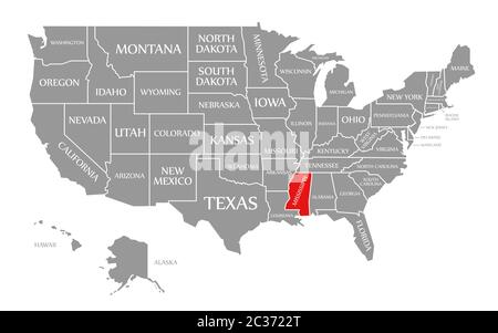 Mississippi red highlighted in map of the United States of America Stock Photo