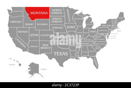 Montana red highlighted in map of the United States of America Stock Photo