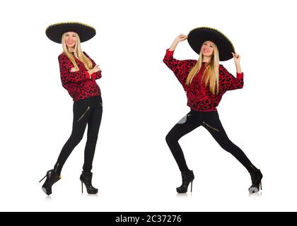 Funny mexican woman wearing sombrero isolated on white Stock Photo