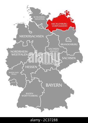 Mecklenburg Western Pomerania red highlighted in map of Germany Stock Photo