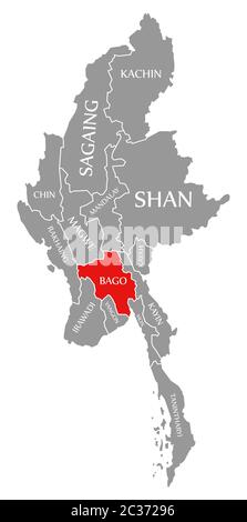 Bago red highlighted in map of Myanmar Stock Photo