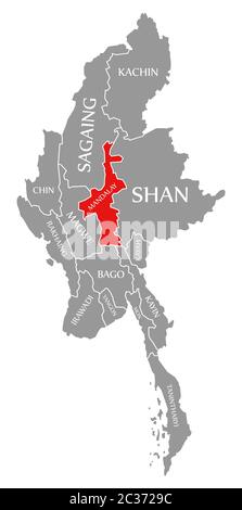 Mandalay red highlighted in map of Myanmar Stock Photo