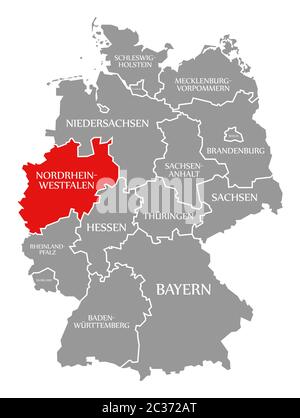 North Rhine Westphalia red highlighted in map of Germany Stock Photo