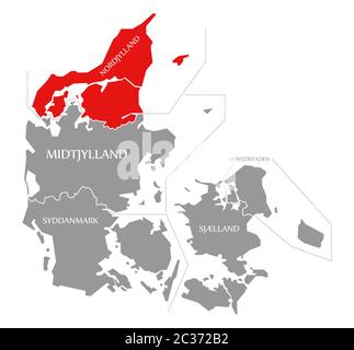 Nordjylland red highlighted in map of Denmark Stock Photo