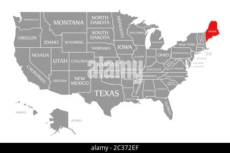 Maine red highlighted in map of the United States of America Stock Photo