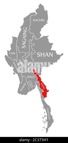 Kayin red highlighted in map of Myanmar Stock Photo