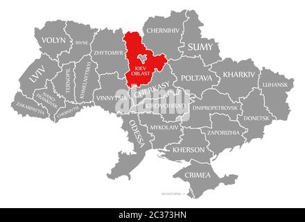 Kiev Oblast red highlighted in map of the Ukraine Stock Photo