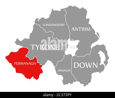 Fermanagh red highlighted in map of Northern Ireland Stock Photo