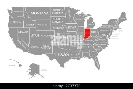 Indiana red highlighted in map of the United States of America Stock Photo