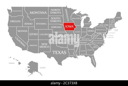 Iowa red highlighted in map of the United States of America Stock Photo