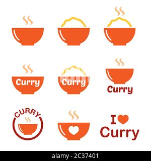 Curry, Indian spicy food vector icons set - color design, resturant, take away, cooking idea Stock Vector