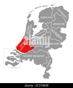 Zuid Holland red highlighted in map of Netherlands Stock Photo