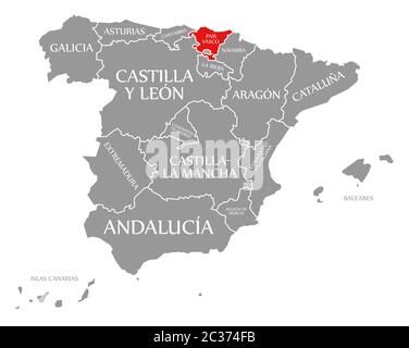 Basque Autonomous Community red highlighted in map of Spain Stock Photo