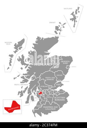 Renfrewshire red highlighted in map of Scotland UK Stock Photo