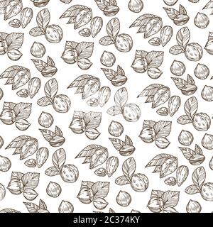 Nuts and leaves, nutrition and dieting seamless pattern Stock Vector