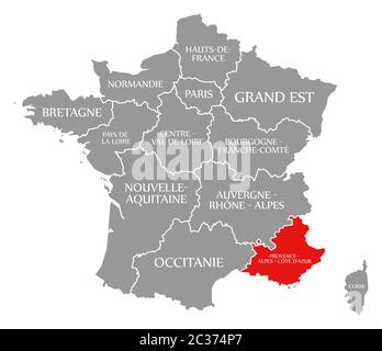 Provence - Alpes - Cote d'Azur red highlighted in map of France Stock ...