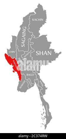 Rakhaing red highlighted in map of Myanmar Stock Photo