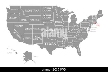 Rhode Island red highlighted in map of the United States of America Stock Photo