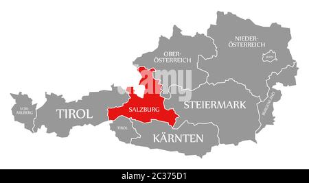 Salzburg red highlighted in map of Austria Stock Photo