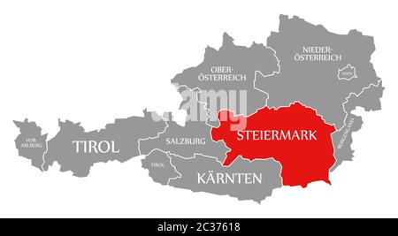 Styria red highlighted in map of Austria Stock Photo