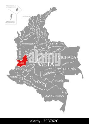 Valle del Cauca red highlighted in map of Colombia Stock Photo