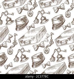 Hotel service key and bell, baggage and cap seamless pattern Stock Vector