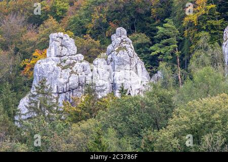 Rock formations called Peter and Paul at Danube breakthrough near Kelheim, Bavaria, Germany Stock Photo