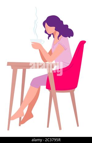 Woman drinking coffee at home, female character in kitchen Stock Vector