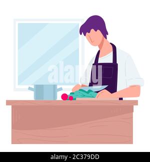 Character cooking at home, man preparing meal in kitchen Stock Vector