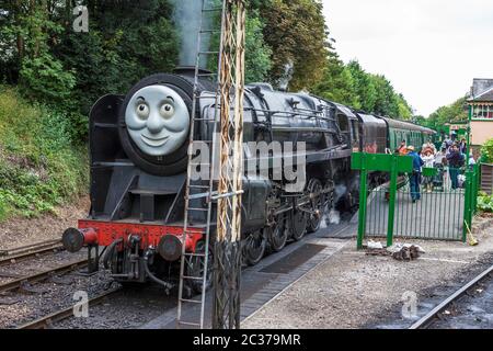 A Day Out with Thomas the Tank Engine and Friends: Standard Class 9F locomotive, complete with face, at Alresford Station, Watercress LIne, Hampshire Stock Photo