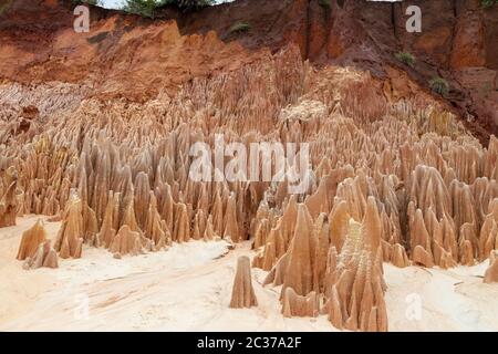 Red sandstone formations  and needles (Tsingys) in Tsingy Rouge Park in Madagascar, Africa Stock Photo