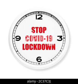 Clock face without the hands with warning sign for Covid-19. Lockdown. Concept of stop working activities due to coronavirus medical emergency. Stock Photo