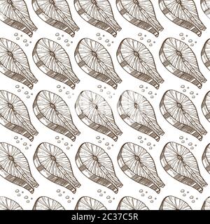 Salmon slice cooked in restaurant or home seamless pattern Stock Vector